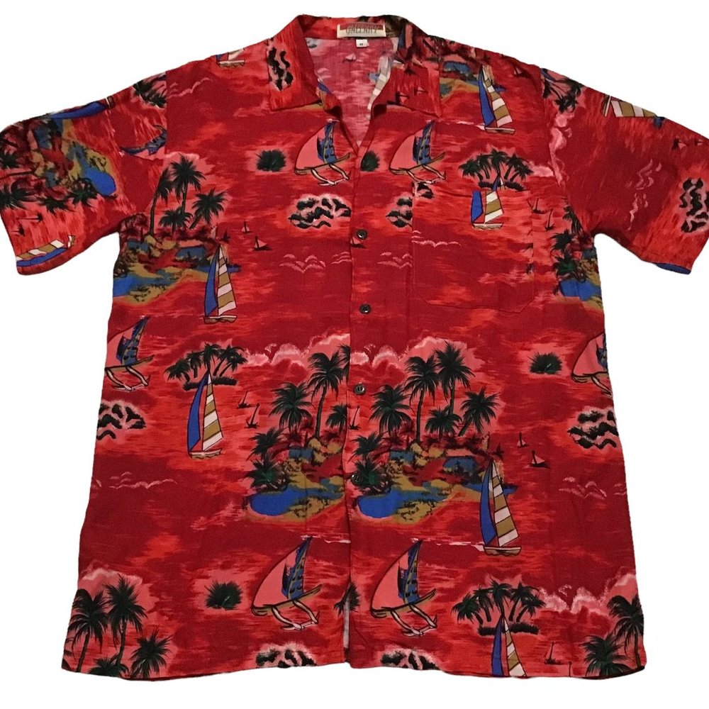 Vintage Hawaiian Shirt 100% Rayon Mens Sz M Med Sailboats Tropical Gallary Brand